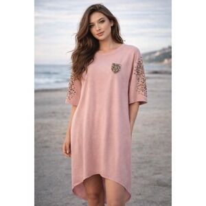 3N Raw Dress Womens XL Pink Tshirt Dress Fox Embellish Studded Hi Lo Y2K Unique